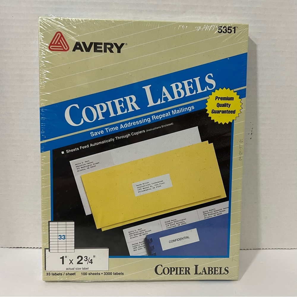 Avery 5351 Copier Address Clear Labels, 1" x 2 3/4” 3300 Labels 33 Labels/Sheets